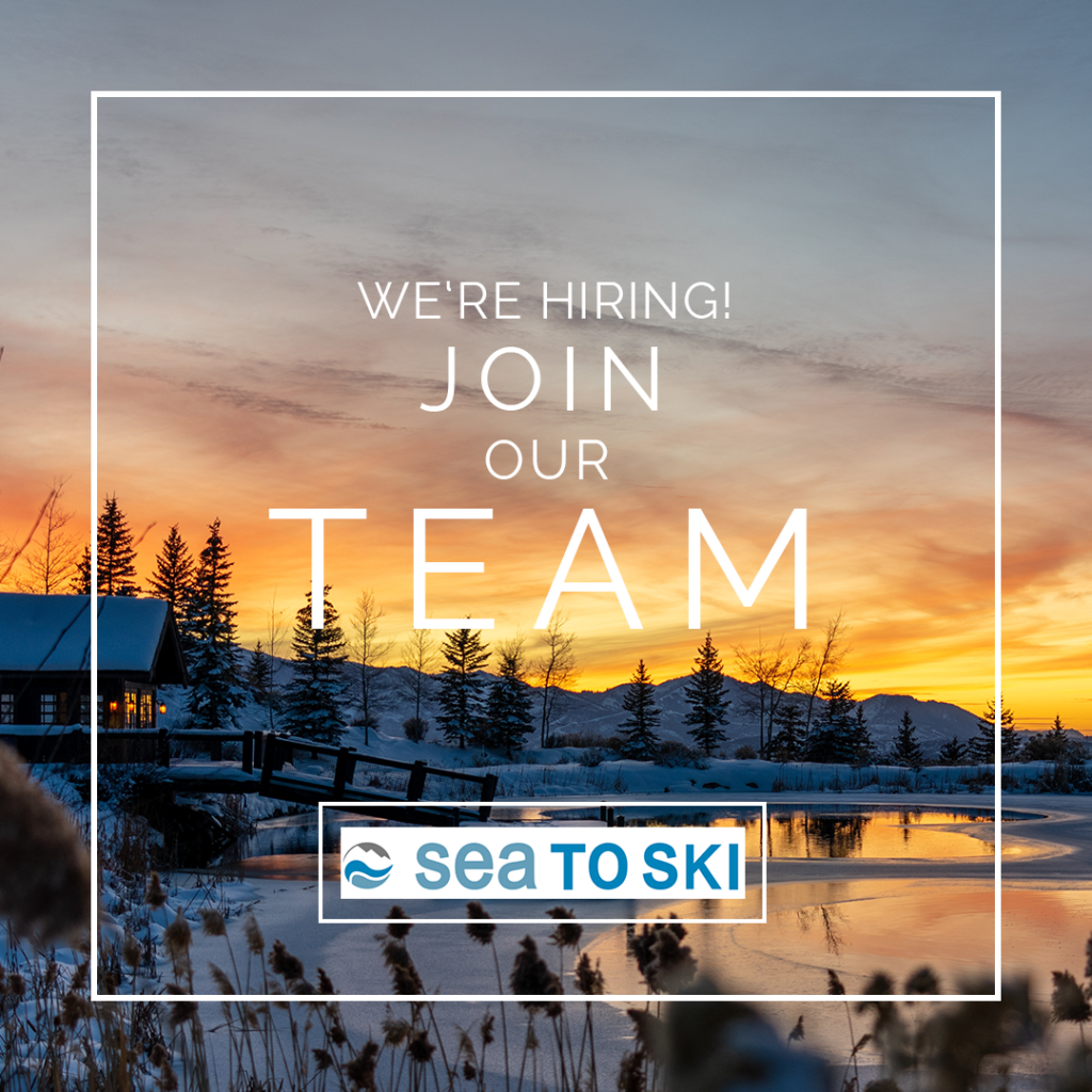 Sunset behind a snowy cabin on a lake. "We're Hiring! Join our Team"